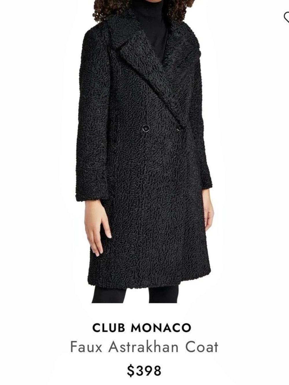 $398 Club Monaco Faux Astrakhan Coat Teddy Coat Black Size Large. Like New